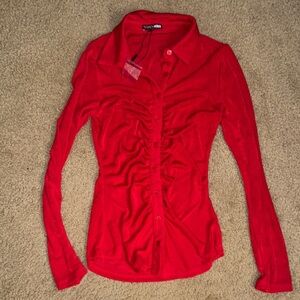 Fashion Nova Red Ruched Fitted Button Down Shirt